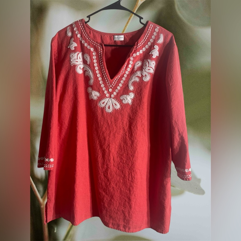Jaclyn Smith Red Tunic with White Embroidery